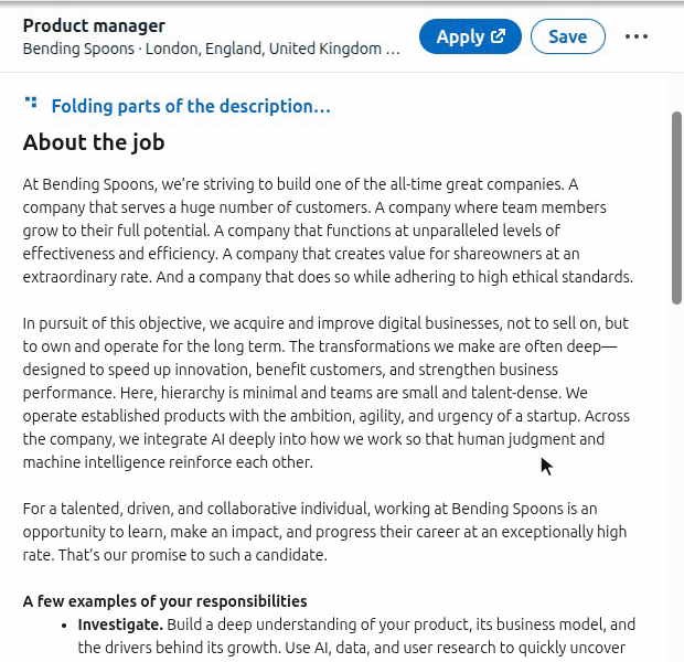 A LinkedIn job description folding: the company pitch collapses into one grey line, which opens and closes with a click
