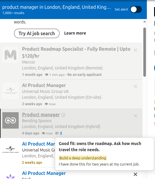 The job list with seen jobs greyed out, ages in colour, and a job's notes shown on hover
