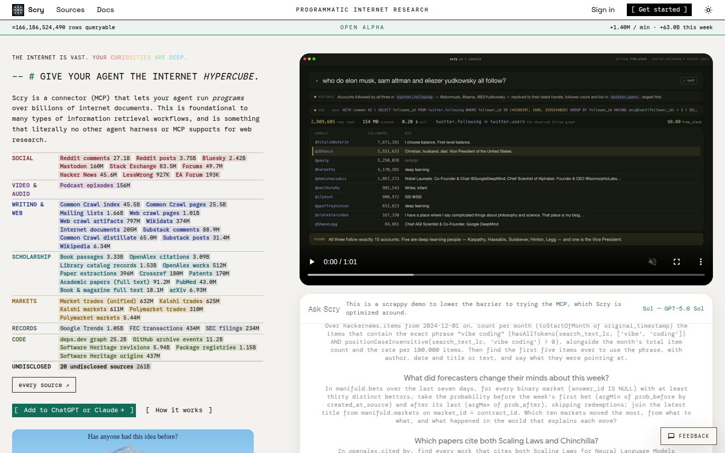 The Scry home page, listing its sources by row count