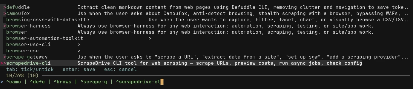 The skills picker filtered to scraping and browser skills, with five of them ticked