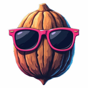 Stylized walnut wearing pink sunglasses logo